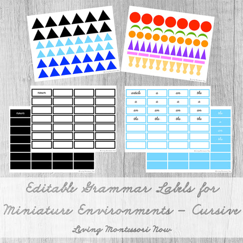 Editable Montessori Grammar Labels for Miniature Environments - Cursive Version