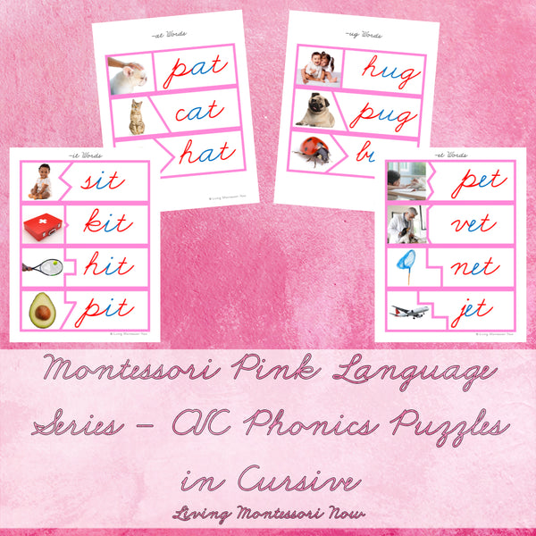 Montessori Pink Language Series - CVC Phonics Puzzles in Cursive