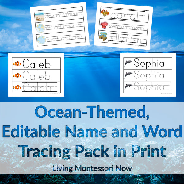 Ocean-Themed, Editable Name and Word Tracing Pack in Print